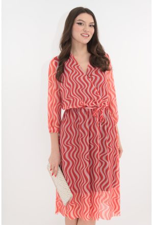 Rochie din tull cu print abstract alb-corai 1