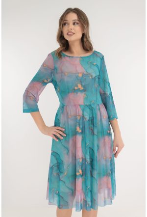 Rochie din tulle cu print abstract albastru-roz 1