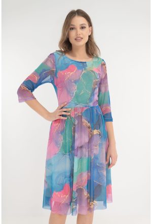 Rochie din tulle cu print abstract turcoaz-violet 1