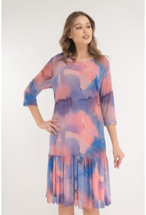 Rochie din tulle cu print abstract violet-corai 1