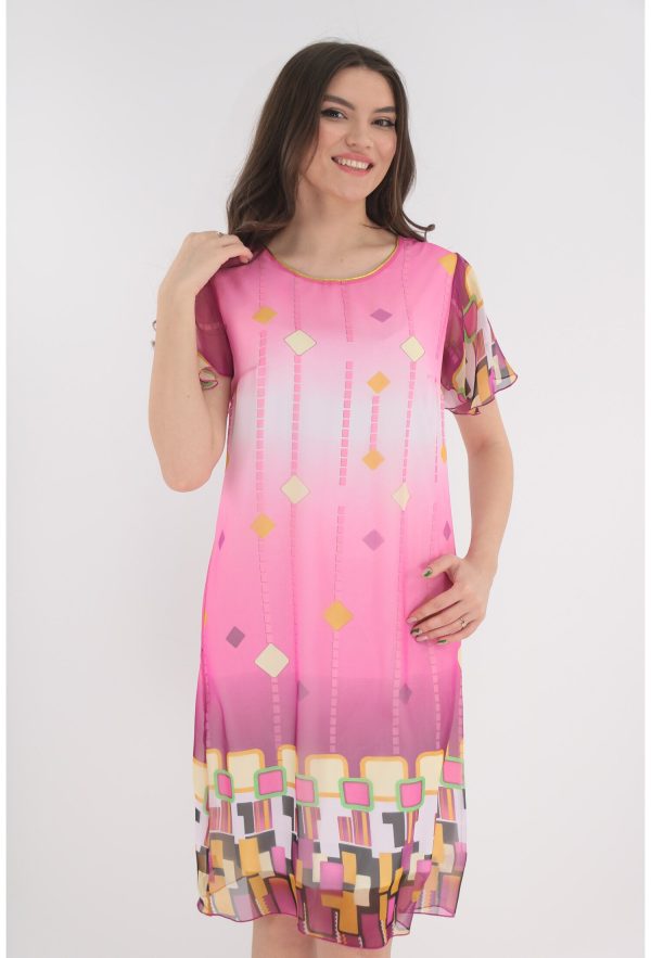 Rochie din voal fucsia cu imprimeu geometric 1