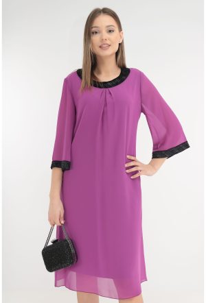 Rochie din voal magenta cu insertii din catifea cu fir multicolor 1
