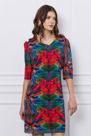 Rochie Dina albastra cu imprimeuri rosii 1