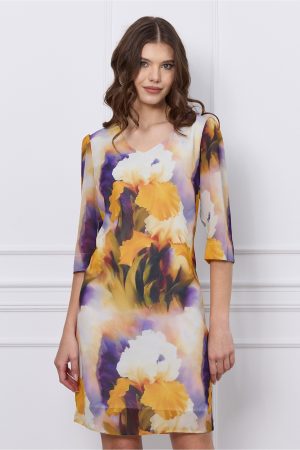 Rochie Dina galbena cu imprimeuri mov 1