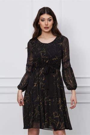 Rochie Dina neagra cu imprimeuri aurii si dantela pe maneci 1