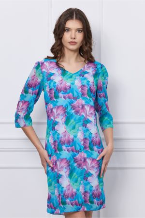 Rochie Dina turcoaz cu imprimeuri lila 1