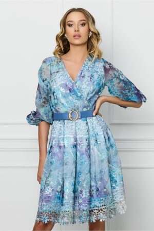 Rochie Doina bleu cu imprimeuri florale si curea in talie 1