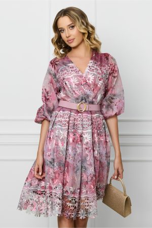 Rochie Doina roz cu imprimeuri florale si curea in talie 1