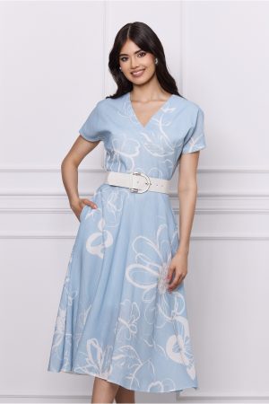 Rochie Dora bleu cu imprimeuri florale si curea in talie 1