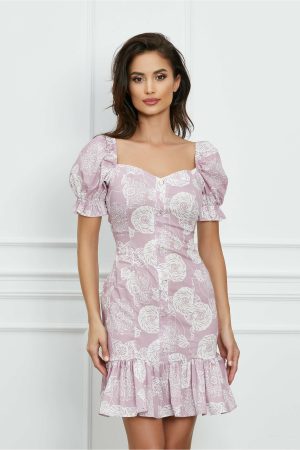 Rochie Dora roz cu imprimeuri florale albe si nasturi decorativi 1