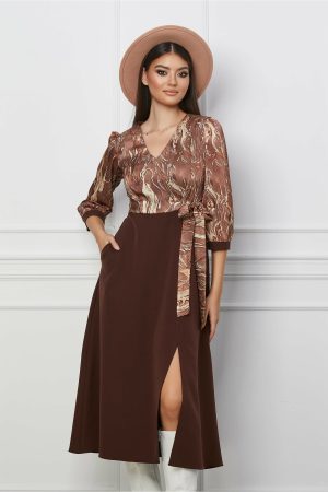 Rochie Dorina maro cu imprimeu bej la bust 1