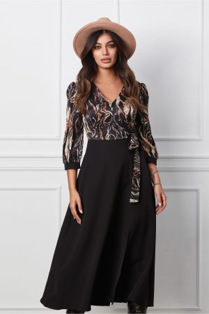 Rochie Dorina neagra cu imprimeu bej la bust 1