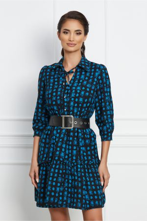 Rochie Dorina neagra cu imprimeuri albastre si curea in talie 1