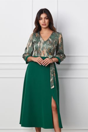 Rochie Dorina verde cu imprimeu bej la bust 1