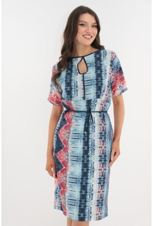 Rochie dreapta albastra cu print abstract rosu 1