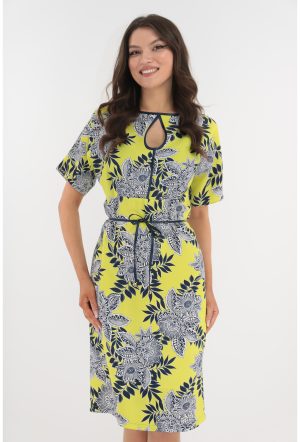 Rochie dreapta galbena cu flori bleumarin 1