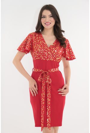 Rochie dreapta rosie cu imprimeu auriu 1