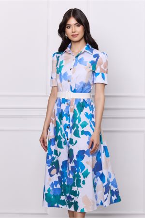 Rochie DY Fashion alba cu imprimeu albastru si curea in talie 1