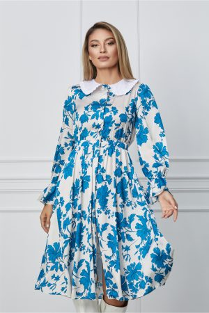 Rochie Dy Fashion alba cu imprimeu albastru si guler alb 1
