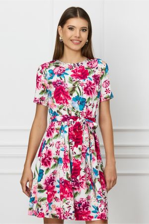 Rochie Dy Fashion alba cu imprimeu floral fucsia si cordon in talie 1