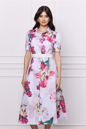 Rochie DY Fashion alba cu imprimeu floral fucsia si curea in talie 1