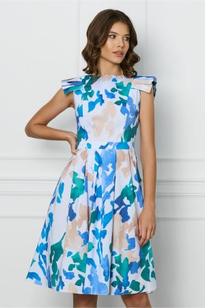 Rochie DY Fashion alba cu imprimeuri albastre si maneci scurte evantai 1