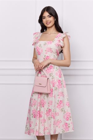 Rochie DY Fashion alba cu imprimeuri florale roz si volane la umeri 1