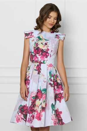 Rochie DY Fashion alba cu imprimeuri magenta si maneci scurte evantai 1