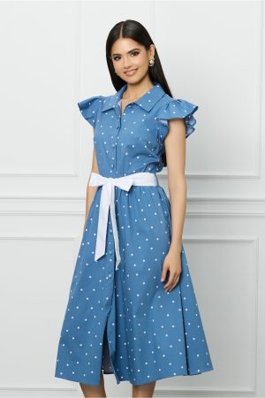 Rochie DY Fashion albastra cu buline si cordon in talie 1