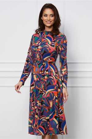 Rochie Dy Fashion albastra cu imprimeuri corai cu cordon in talie 1
