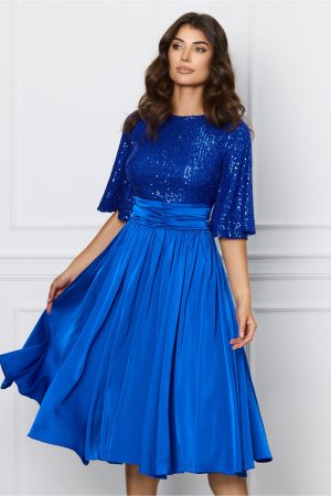 Rochie Dy Fashion albastra cu paiete la bust si fusta din satin 1