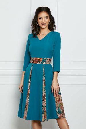 Rochie Dy Fashion albastru deschis cu pliuri si imprimeuri bej 1