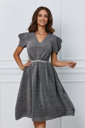 Rochie Dy Fashion argintie cu accesoriu in talie 1