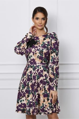 Rochie Dy Fashion bej cu imprimeu mov si funda 1