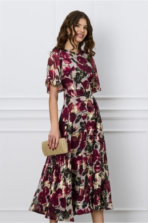 Rochie DY Fashion bej cu imprimeuri florale rosii si fir lurex 1