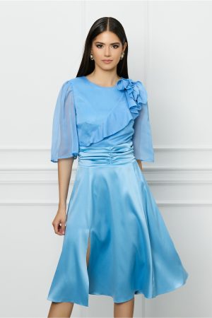 Rochie DY Fashion bleu cu bust din voal si fusta din satin 1