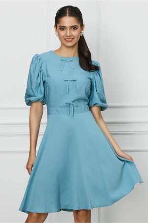 Rochie DY Fashion bleu cu fundite pe bust si maneci bufante 1