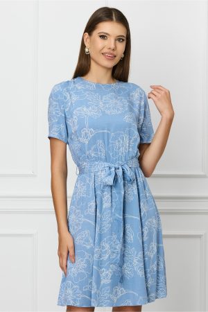 Rochie Dy Fashion bleu cu imprimeu floral alb si cordon in talie 1