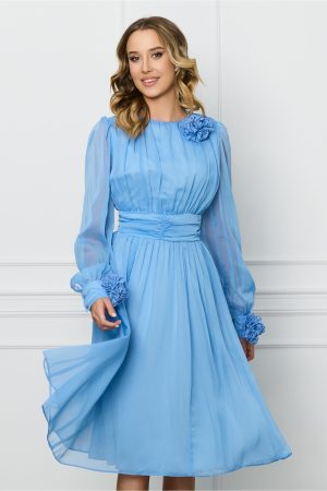 Rochie DY Fashion bleu din voal cu trandafiri la maneci si decolteu 1