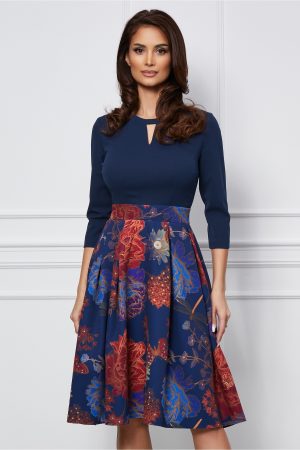 Rochie Dy Fashion bleumarin cu imprimeu bordo pe fusta 1