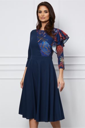 Rochie Dy Fashion bleumarin cu imprimeu bordo si volan la bust 1