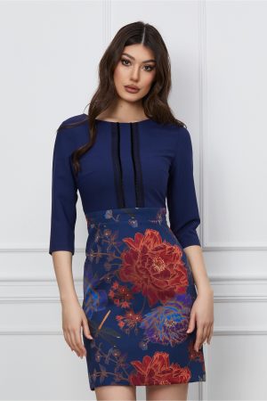 Rochie Dy Fashion bleumarin cu imprimeuri florale rosii pe fusta 1