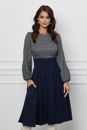 Rochie Dy Fashion bleumarin cu imprimeuri maro la bust 1