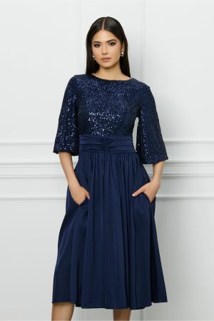Rochie Dy Fashion bleumarin cu paiete la bust si fusta din satin 1