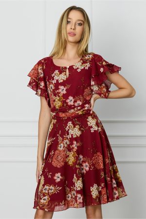 Rochie DY Fashion bordo cu imprimeuri florale corai 1