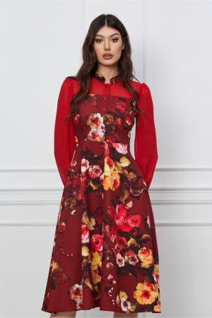 Rochie Dy Fashion bordo cu imprimeuri florale galbene si nasturi 1