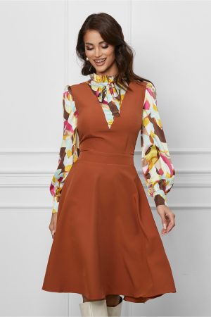 Rochie Dy Fashion caramizie cu imprimeuri pe maneci si bust 1