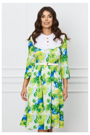 Rochie Dy Fashion clos alba cu imprimeu albastru-verde si curea in talie 1