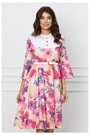 Rochie Dy Fashion clos bej cu imprimeu fucsia si curea in talie 1