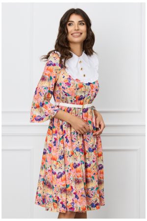 Rochie Dy Fashion clos somon cu imprimeu orange-mov si curea in talie 1